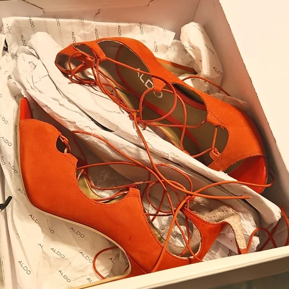 Size 6, ALDO Burnt Orange Lace Up 4inch Sandal - Picture 2 of 4